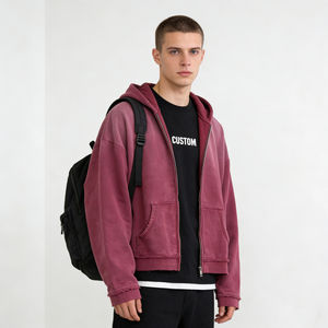 Sudadera con capucha informal de estilo urbano para hombre, de forro polar suave lavado, color burdeos, con cremallera y ribete desgastado, de corte oversize y a la moda. - Product Image 4