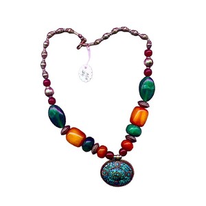 Handcrafted Turquoise Pendant Necklace, Bold Multicolor Bead Necklace, Bohemian Fashion Jewelry Statement Necklace for Women - Product Image 5