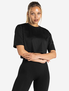 T-shirt court noir pour femme, col rond, manches courtes, tricoté, coupe classique, imprimé, respirant, printemps, 100% coton - Product Image 6