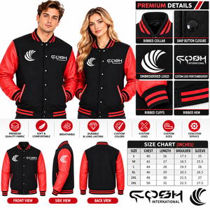 Veste universitaire unisexe noire avec manches en cuir synthétique rouge et col côtelé, vêtement d'extérieur décontracté style streetwear, fermeture à boutons pression - Product Image 6