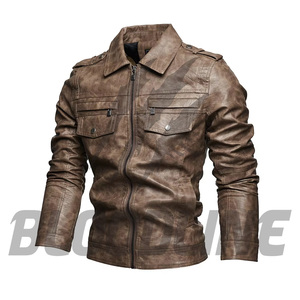 Men's Brown PU <b>Leather</b> Moto <b>Jacket</b> Slim Fit Turn-down Collar Zipper Closure <b>Long</b> Sleeve Solid Color Autumn Wear - Product Image 6