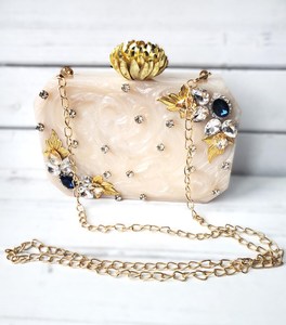 Luxury Resin Box Clutch with <b>Stones</b>, Crystals and Pearl Knob, Bridal Purse, Bridesmaid Bag, Evening Designer Handbag for Bride - Product Image 2