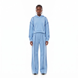 <b>Women</b> Winter Casual Solid Cropped <b>Tracksuit</b> Oversized Hoodie Wide Leg Pants Fleece Lounge Set Custom Streetwear Two Piece OEM - Product Image 1