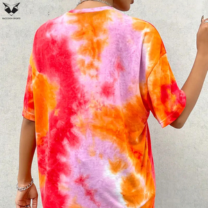 T-shirt en tricot tie-dye pour femmes, col rond, manches courtes, polyester 95% élasthanne 5%, style pull, t-shirts oversize - Product Image 4