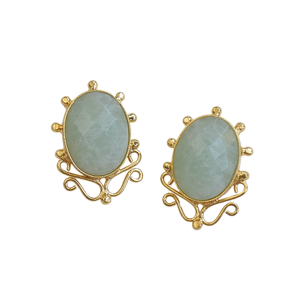 Boucles d'oreilles clous vintage plaquées or avec jade, serties d'ovales en alliage, bijoux fantaisie pour femme en amazonite - Product Image 6