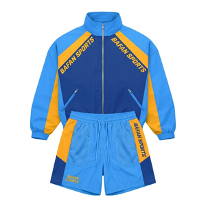 Conjunto corto de poliéster premium para hombre, cortavientos, 120 GSM, ligero, diseño de panel en degradado azul, impresión de logotipo personalizado, talla grande - Product Image 4