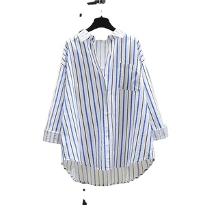 Mode d'été coréenne Hauts à manches longues amples pour femmes Chemises à rayures 100% coton avec manches de réservoir Style décontracté Impression de tempérament - Product Image 4