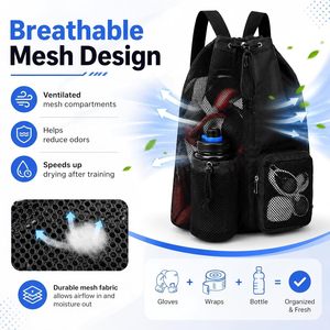 Black Mesh Drawstring <b>Backpack</b> with Water Bottle Pocket and Boxing Gloves Storage for Gym <b>Training</b> - Product Image 4