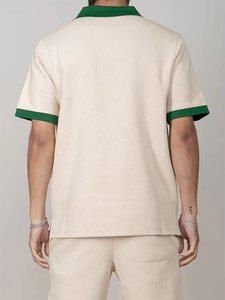 Men's Black Solid Color Short Sleeve <b>Polo</b> Shirt With <b>White</b> Collar And Cuff Casual Summer Knitted Cotton Top - Product Image 4