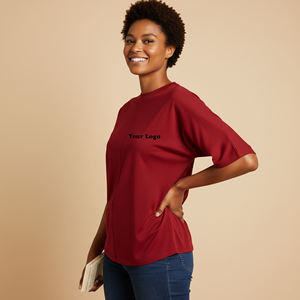 Nouveau t-shirt pour femme, col rond, manches courtes, rouge, coupe ample, couleur unie, décontracté, en coton tricoté, respirant, toutes saisons - Product Image 6