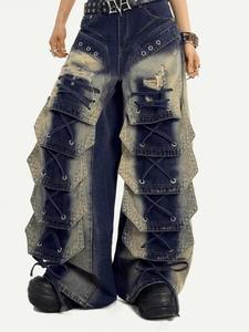 Jean cargo en denim pour homme, coupe ample et oversize, délavé et déchiré, style streetwear, taille haute, patchwork, automne, coton - Product Image 4