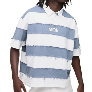 Men's shirts Distressed Short Sleeve Rugby Polo Blue White Striped Deconstructed Streetwear Oversized <b>Hip</b> Hop Summer T-shirt OEM - Product Image 4