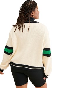 Cárdigan de punto para mujer, manga larga, cuello en V, estilo preppy, contraste de color, cierre con botones, patrón de letras, alta calidad - Product Image 2
