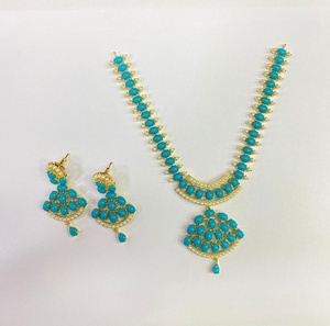 RAY FINE ORNATES Sky Blue Vintage Hinduism <b>Ruby</b> Pink Pearl <b>Necklace</b> Set Gold Plated Bridal Wedding Jewelry Party Wear - Product Image 2
