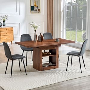 Set Tavolo da Pranzo Espandibile 59-71 Pollici con 4 Sedie in Lino Cotone Grigio Scuro, Tavolo Estraibile in MDF e Sedie Abbinate per Sala da Pranzo - Product Image 1
