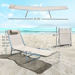 Set di 2 Chaise Longue Pieghevoli Bianco Crema con Schienale Reclinabile, Seduta in Rete Traspirante e Poggiatesta per Prendere il Sole a Bordo Piscina - Product Image 3