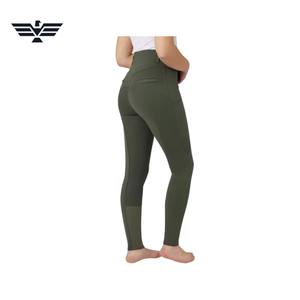 <b>Women</b> High Waist Full Length Riding Pants Olive Green Spandex Nylon Four-Way Stretch Button <b>Fly</b> Solid Color - Product Image 5