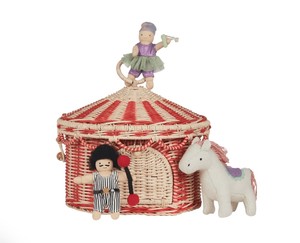 Cesta de Mimbre Tejida a Mano con Diseño de Rayas Rojas y Naturales y Tapa con Bisagras para la Habitación de los Niños y Decoración de la Guardería - Product Image 6