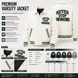 Men's White Varsity Jacket Breathable Stand Collar 100% Cotton <b>Covered</b> <b>Button</b> Closure Embroidered Never Stop Swinging Preppy - Product Image 5
