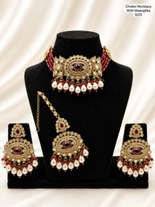 Traditional Imitation <b>Pearl</b> Gold Plated Alloy <b>Jewelry</b> <b>Set</b> Choker Necklace and Earring <b>Set</b> Red Stone Wedding Party Wear - Product Image 1
