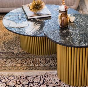 Modern <b>Round</b> Stone Top <b>Side</b> <b>Table</b> With <b>Gold</b> Metal Base Indoor Living Room Decor Accent Piece - Product Image 3