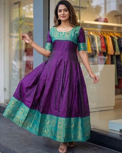 Vestidos Anarkali de Seda Morada con Borde Bordado en Verde Azulado, Ropa Tradicional India para Mujer, Largos hasta el Suelo, Corte Holgado, Atuendo Informal - Product Image 1