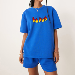 Conjunto de Dos Piezas Azul para Mujer, Camiseta de Manga Corta y Pantalones Cortos, Corte Holgado Informal, Cuello Redondo, Diseño con Letras Estampadas, para Primavera/Verano - Product Image 1