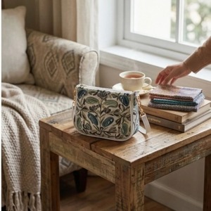 Bolso Bandolera con Bordado Sozni de Cachemira, Blanco con Paisley Verde Azulado, Compra Directa del Proveedor - Product Image 1
