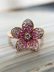 Rose <b>Gold</b> Flower <b>Cocktail</b> <b>Ring</b> With Moissanite And Pink Gemstones Pave Setting Women's Romantic Everyday Wear - Product Image 4