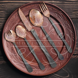 Ensemble de couverts en cuivre forgé à la main avec étui en cuir, 4 pièces, ustensiles de camping, cuillère, fourchette, couteau, ensemble de repas rustique pour l'extérieur - Product Image 2