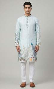 Kurta traditionnel pour homme en soie Malai infroissable, avec broderie Daman riche, et pyjama en coton Raymond pour Diwali et mariage - Product Image 3