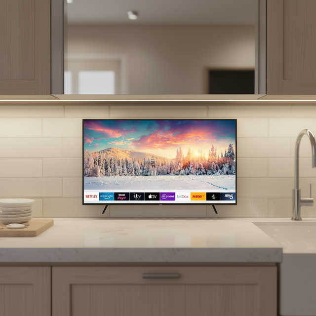 Smart 4K LED Smart TV Flat Screen with Black Cabinet for Kitchen & Bathroom 55 Inches