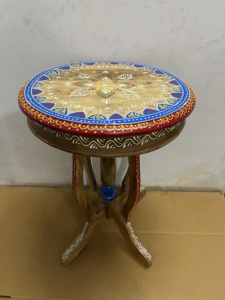 Handcrafted Rajasthani Hand-Painted Wooden Round Stool Decorative Side Table Ethnic Home Decor Nightstand Bedside - Product Image 4