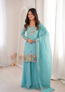 Conjunto Indio-Pakistaní de Seda Bordada en Turquesa para Mujer, Kurta, Palazzo, Dupatta, Traje Tradicional para Fiesta o Boda - Product Image 2