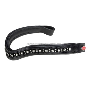 Diadema para caballo hecha a mano de cuero genuino negro, decorada con pequeñas cadenas de cristales blancos y negros brillantes. - Product Image 4