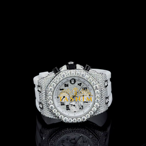 Montre Homme 45mm Entièrement Sertie de Diamants VVS, Bracelet Blanc en Acier Inoxydable, Mouvement Quartz, Cadran en Verre, Chronographe Sportif Simple - Product Image 1
