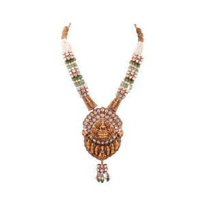 Collier de temple Nakshi de la déesse Lakshmi avec émeraudes Polki et perles, bijoux de mariée traditionnels Abode Gajaah en argent 925 - Product Image 1