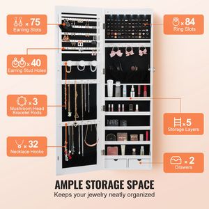 47.05 Inch Tall Lockable Jewelry Cabinet Armoire Full Length <b>Mirror</b> Jewelry Organizer Wall-Mounted <b>Door</b>-Jewelry - Product Image 5