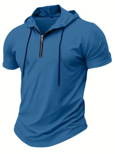 Men's Hooded Henley T-Shirt Short Sleeve Regular Fit Quick Dry Solid Color Casual Pullover Light Blue Jersey Knitted Polyester - Product Image 3