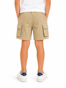 Shorts cargo beiges pour garçons, taille élastique, décontractés, d'été, avec poches à rabat, en mélange de coton doux, légers, longueur genou - Product Image 3