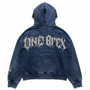 Sudadera con capucha para hombre, azul marino, con cremallera, diseño gráfico, estilo urbano, dobladillo desgastado, personalizada, fabricación de sudaderas con capucha. - Product Image 2