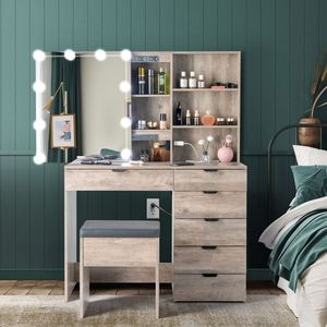 "Modern Wood MDF/Panel 6-Drawer 2-Shelf <b>Dressing</b> Table Set with Triamine Veneer 3 Light Bulbs Mirror Cabinet for Bedroom" - Product Image 1
