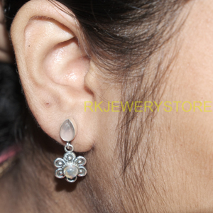 Pendientes de Cuarzo Rosa Natural y Piedra Lunar, Plata de Ley 925, Hechos a Mano, Diseño Floral, Estilo Boho, Joyería de Moda, Regalo para Mujer - Product Image 2