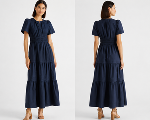 Robe longue élégante bleu marine à manches bouffantes, col en V, superposée, taille élastiquée smockée, en coton tissé décontracté pour l'été - Product Image 2