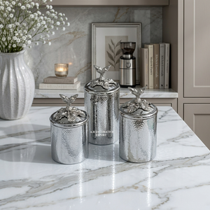 Handcrafted hammered silver Canisters with leaf design lids 3-Piece Stainless Steel <b>Kitchen</b> <b>Storage</b> <b>Jars</b> <b>for</b> Sugar Coffee Flour - Product Image 1