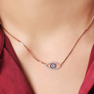 Collar de Plata de Ley S925 al por mayor con Ojo Turco y Circonita para Mujer, Cadena de Eslabones con Colgante de Circonita Cúbica, Engaste de Garra, 2.75g, Moderno para Fiesta de Compromiso - Product Image 4