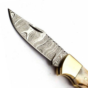 Couteau pliant de poche en acier Damas fait main, manche en bois, double lame - Product Image 6