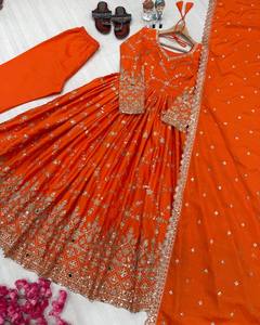 New Designer Women Solid Heavy Chinon Silk Gown Dupatta with Embroidery 5mm Sequencing Sleeve Mirror Work Party Daily Wear - Product Image 5