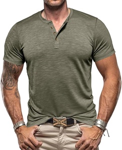 Men's <b>Olive</b> <b>Green</b> Short Sleeve Henley <b>T</b>-<b>Shirt</b> Regular Fit Casual 100% Cotton Knitted Solid Color Breathable Design Front - Product Image 5