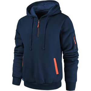 Sweat-shirt à capuche mi-zippé vert olive pour homme, coupe classique, couleur unie, pull décontracté avec poches, matière polaire tricotée, automne - Product Image 4